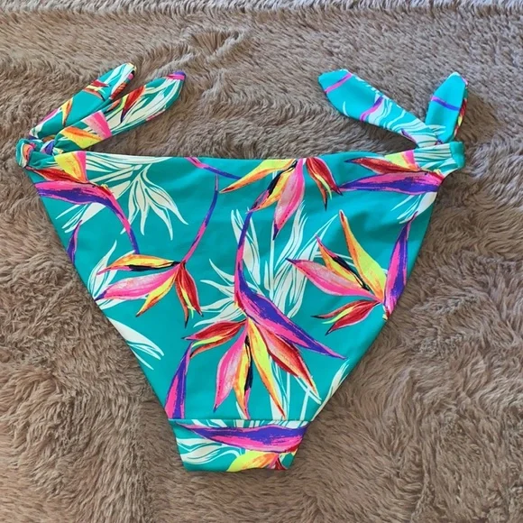 Bikini swimsuit bottoms tie sides floral multicolor green pink neon Small 3/5​ - Picture 7 of 9